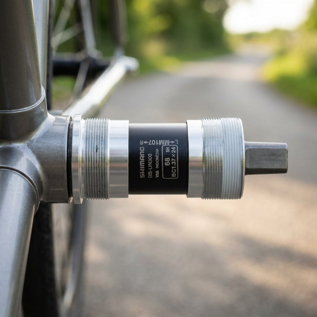 Zuverlässiges SHIMANO BB-UN300 68/107mm BSA Vierkant-Innenlager im Fahrradrahmen für präzisen Antrieb.