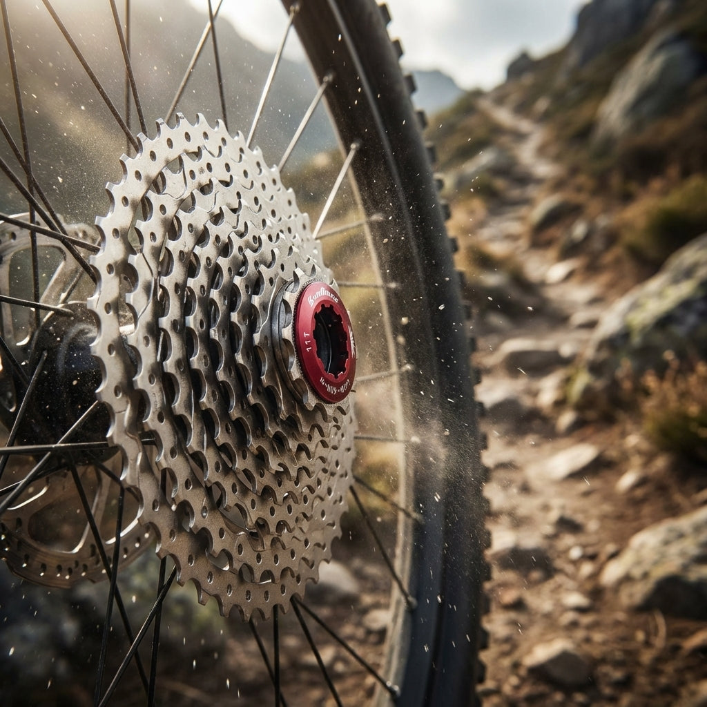 SunRace CSMX3 TAZ 10-fach Kassette 11-46Z, metallic, breites Übersetzungsverhältnis am MTB auf staubigem Trail.