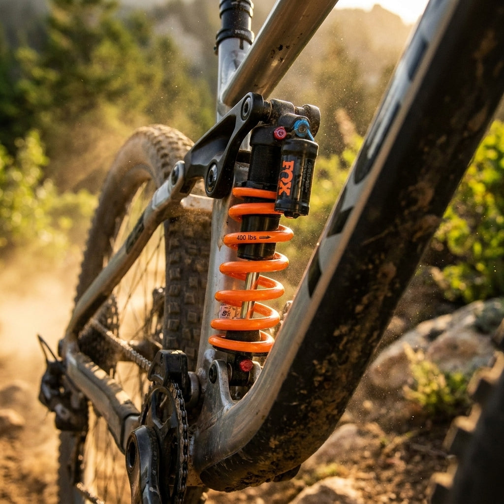 Orange FOX Super Light Steel Dämpferfeder 400 lbs an Mountainbike, verschmutzt, in staubigem Gelände.