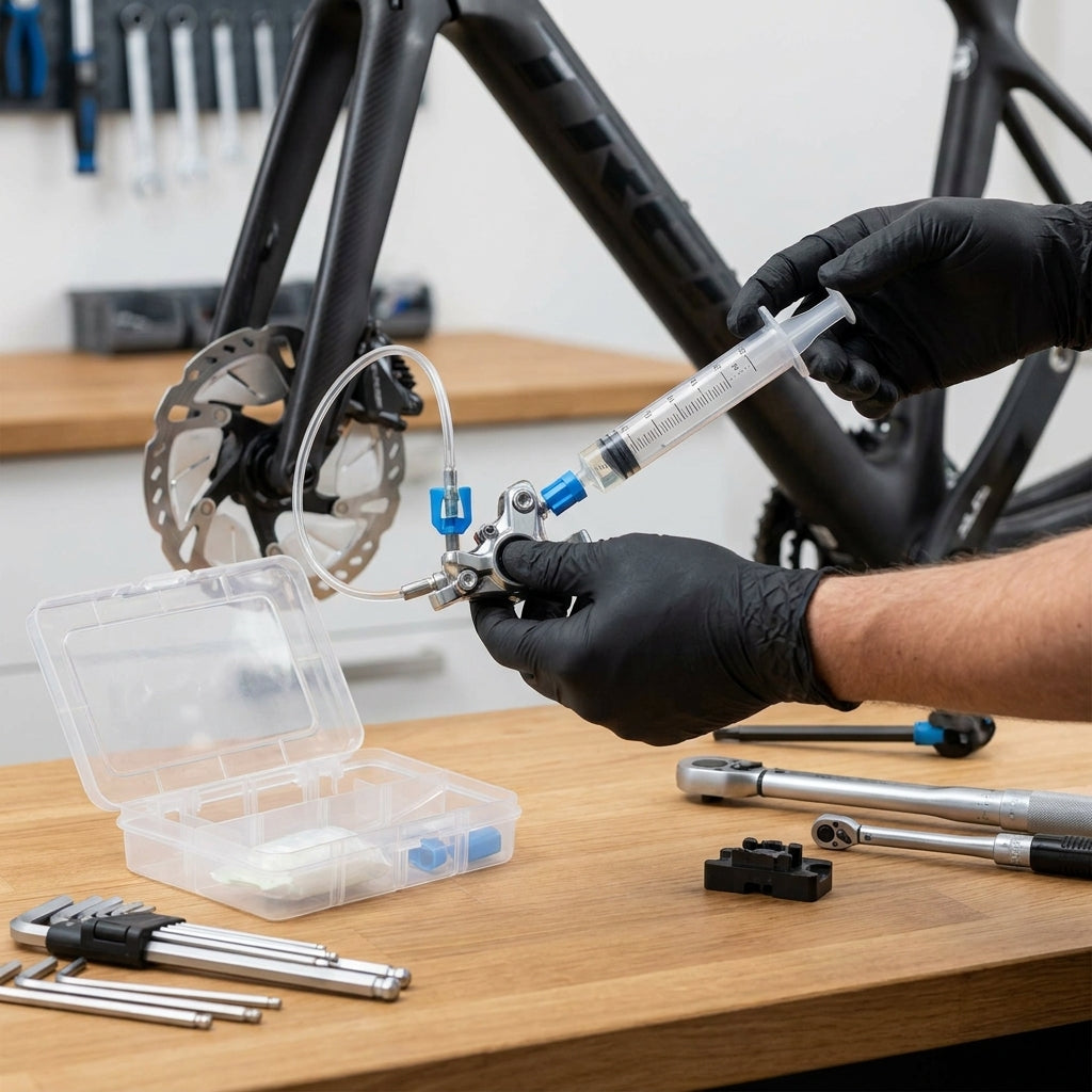XLC Bleeding Kit für Hayes Bremsen zum Entlüften von Fahrrad Scheibenbremsen auf einer Holzwerkbank.