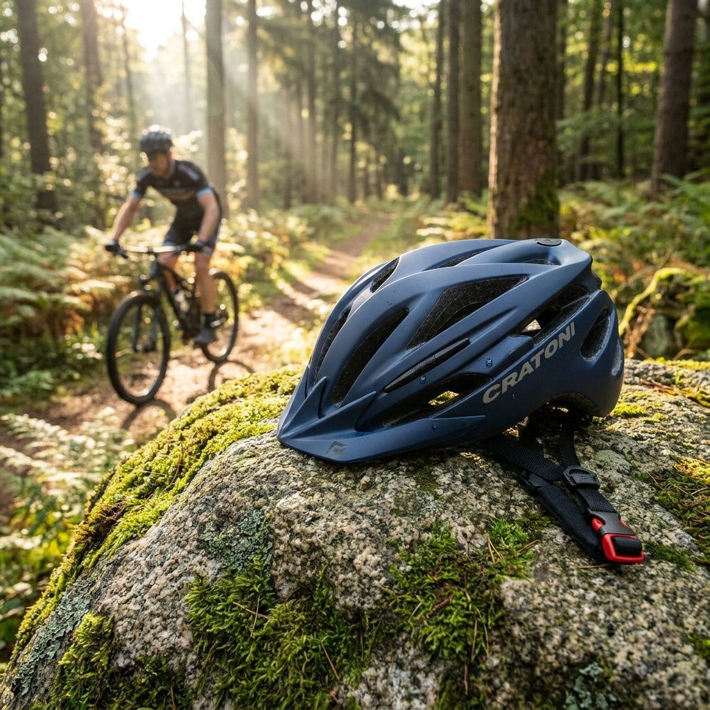 Cratoni Helm Pacer dunkelblau matt S/M 54-58cm auf Felsen mit Mountainbiker im sonnigen Wald.