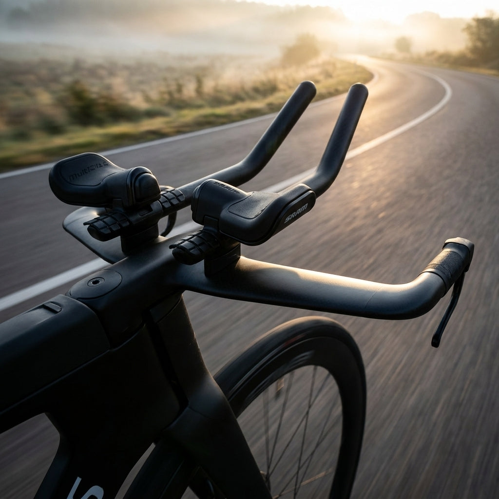 SRAM MultiClics AXS Schaltknöpfe für zusätzliche Aero-Schaltkontrolle am Lenker eines Triathlonrads.