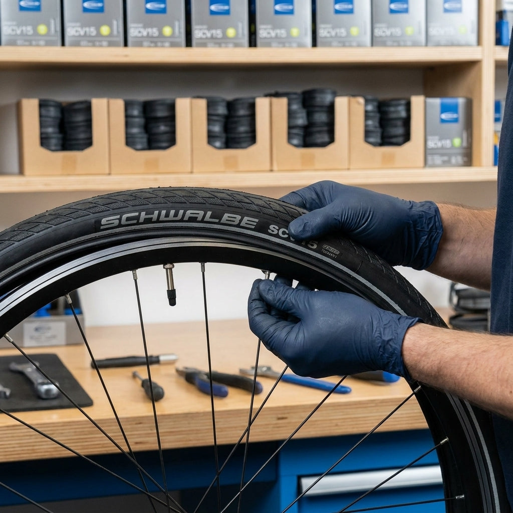 Person montiert Schwalbe Fahrradschlauch SCV15. Werkstattpackungen SCV15 auf Regal im Hintergrund.