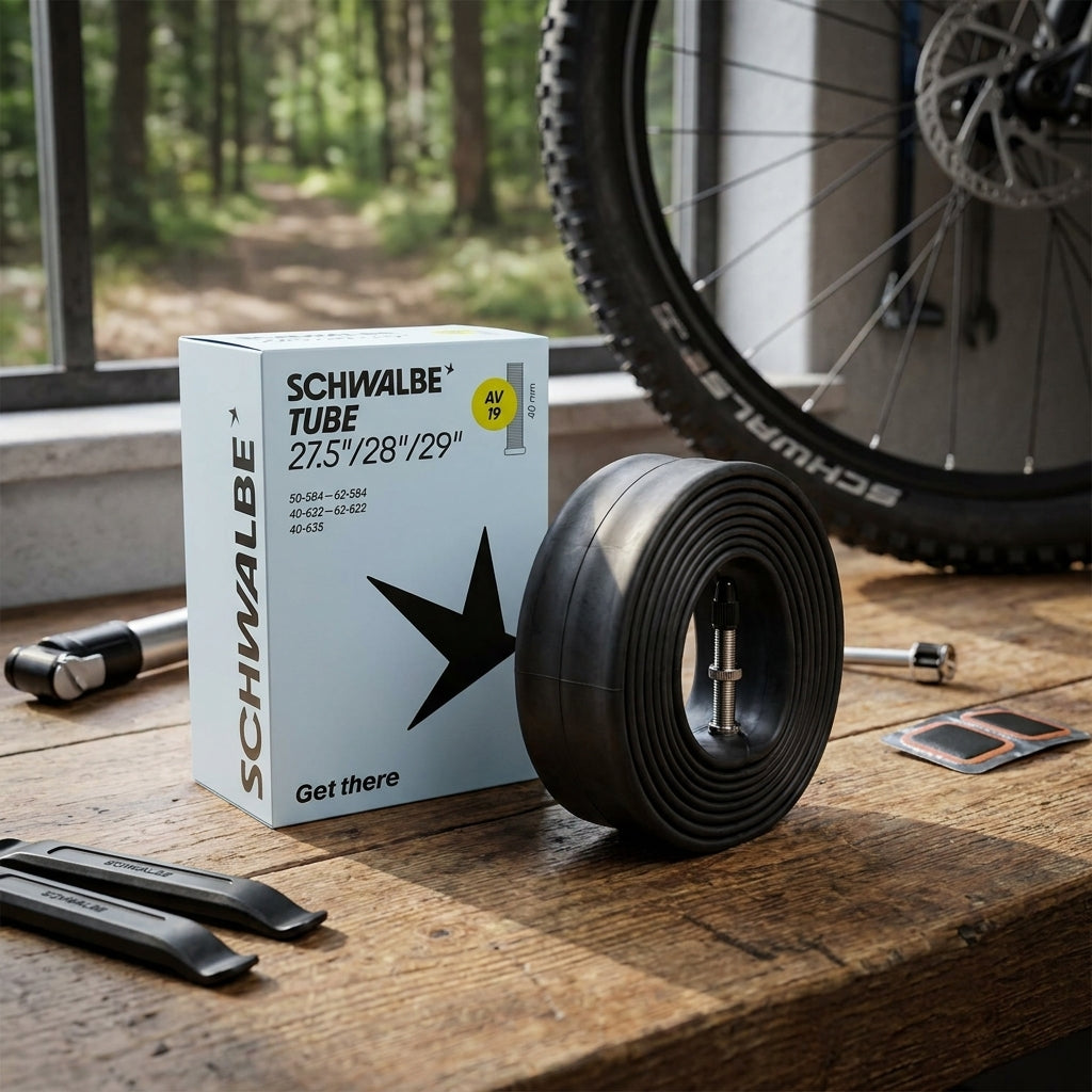 Robuster Schwalbe AV19 Fahrradschlauch mit Autoventil, Reparaturset und Werkzeug auf Holztisch.