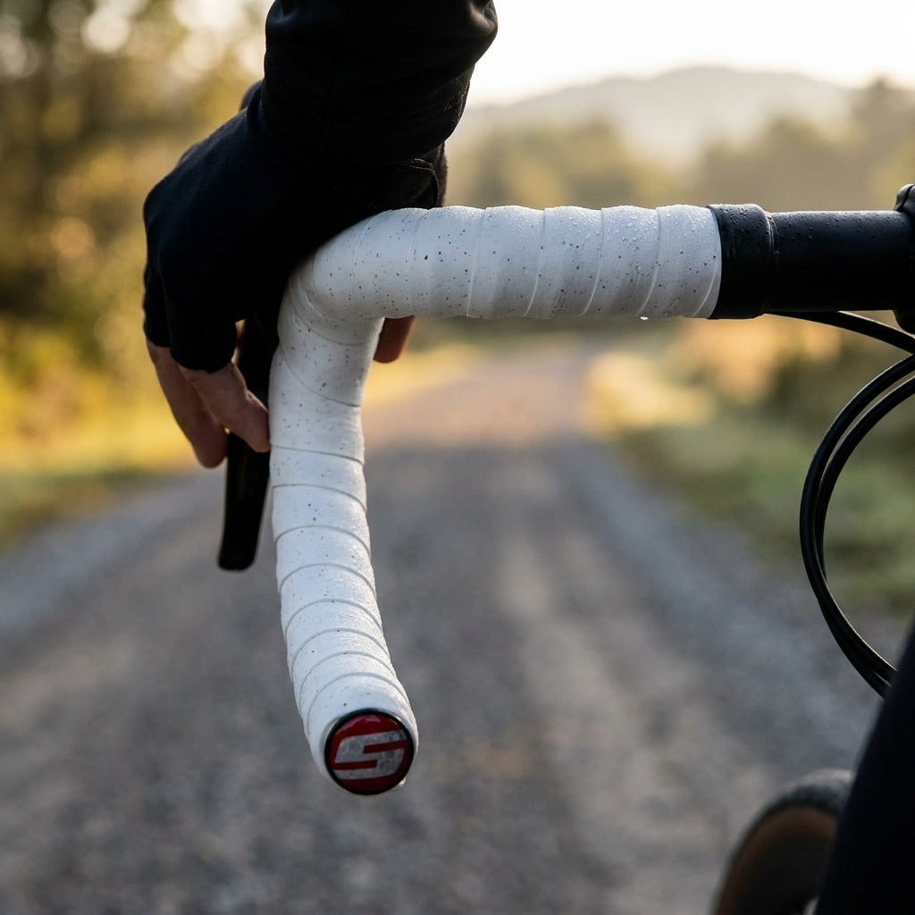 Weißes SRAM SuperCork Lenkerband mit Wassertropfen und Logo auf Fahrradlenker, von Hand gehalten auf Schotterweg.