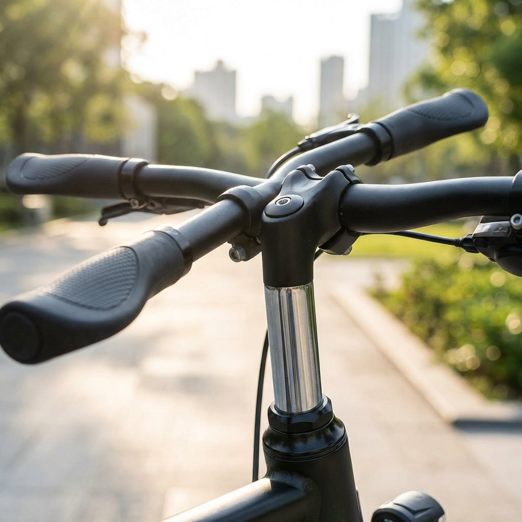 Fahrradlenker mit Ergotec Vorbau Cat 25,4 mm 40 mm 30° silber/schwarz Level 2 montiert.