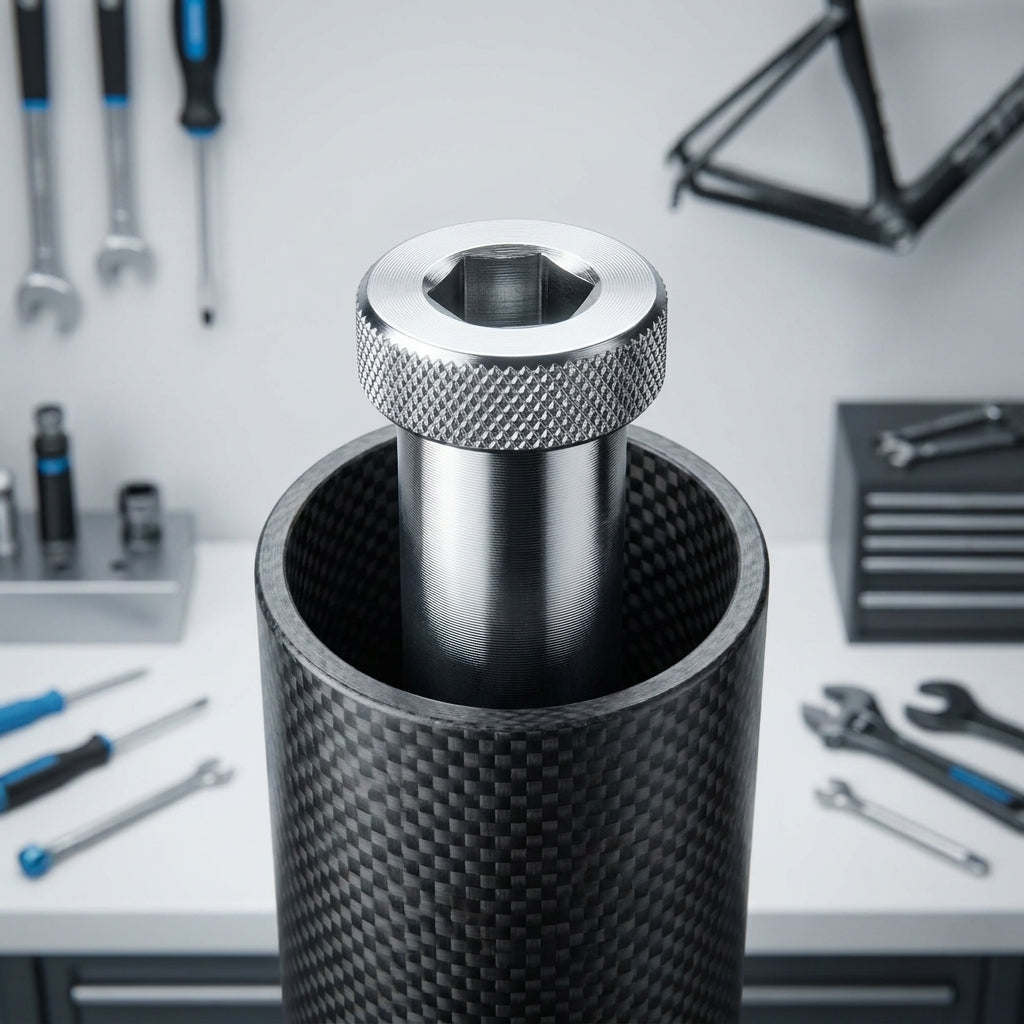 Silberne SHIMANO Rändelmutter 25mm mit Innensechskant im Carbon-Gabelschaft, Fahrradwerkstatt-Hintergrund.