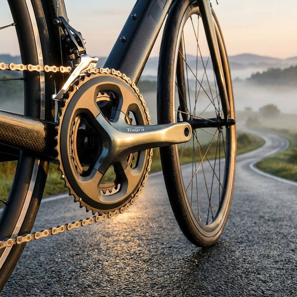 SHIMANO TIAGRA FC-4700 Kurbelgarnitur 10-fach, grau, 52-36 Zähne am Rennrad auf kurviger Straße.