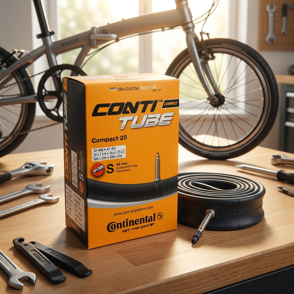 Continental Conti Tube Compact 20 Fahrradschlauch 20x1.25-1.75 32-47/406-451 SV 42mm auf Werkbank.