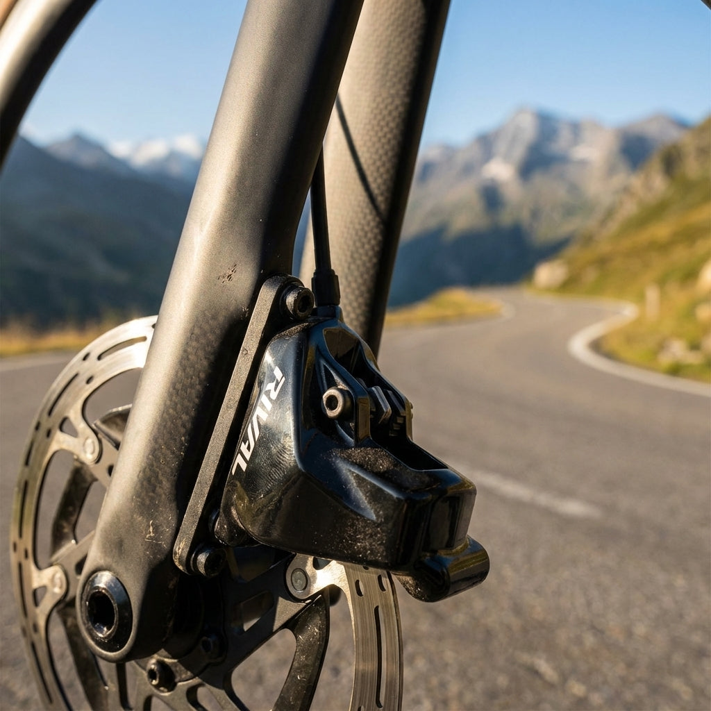 Leistungsstarker SRAM Rival AXS Scheibenbremssattel am modernen Rennrad in den Bergen auf einer Passstraße.