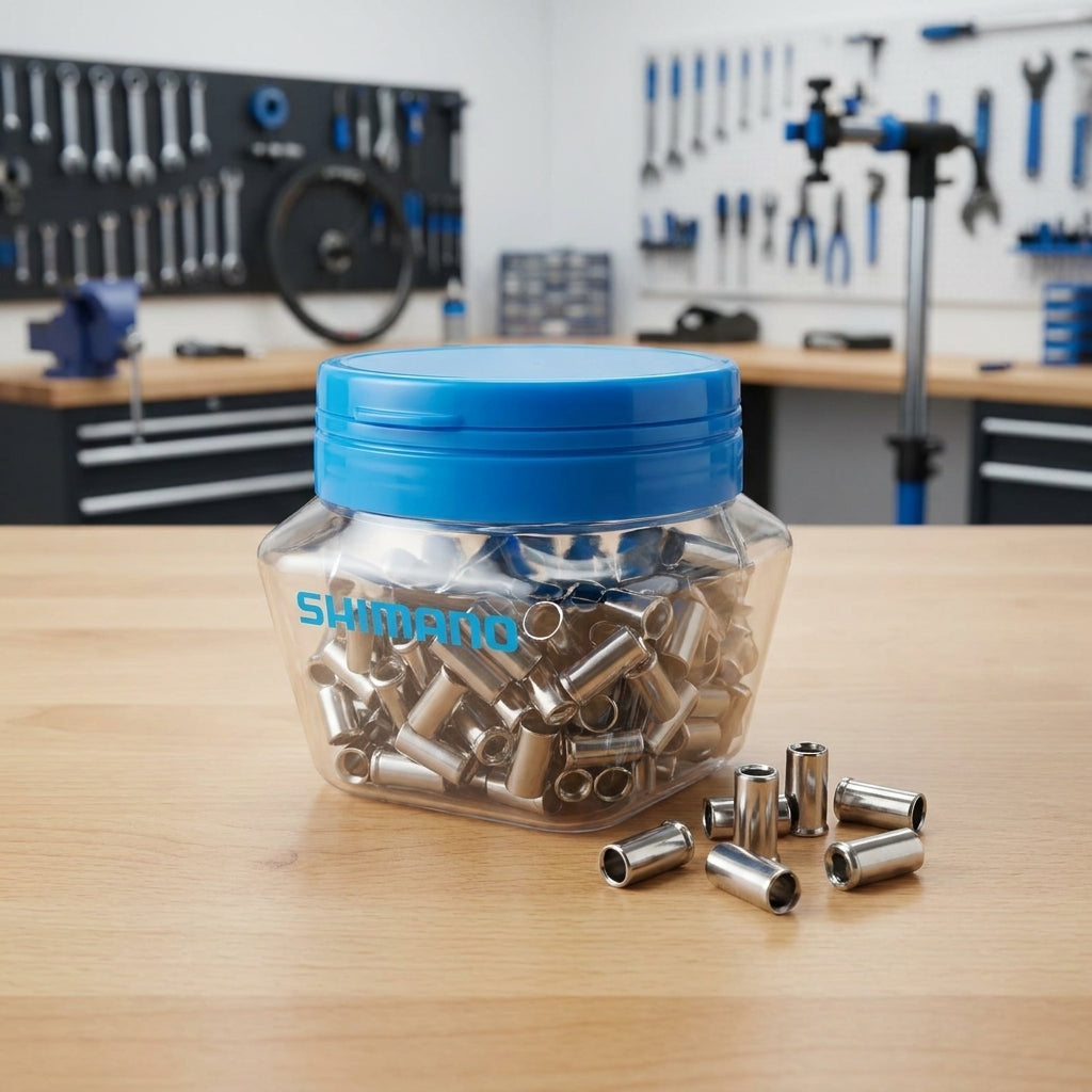 SHIMANO 200er Pack Stahl-Endkappen für Bremszugaußenhüllen in Dose auf Werkbank mit Werkstatt im Hintergrund.