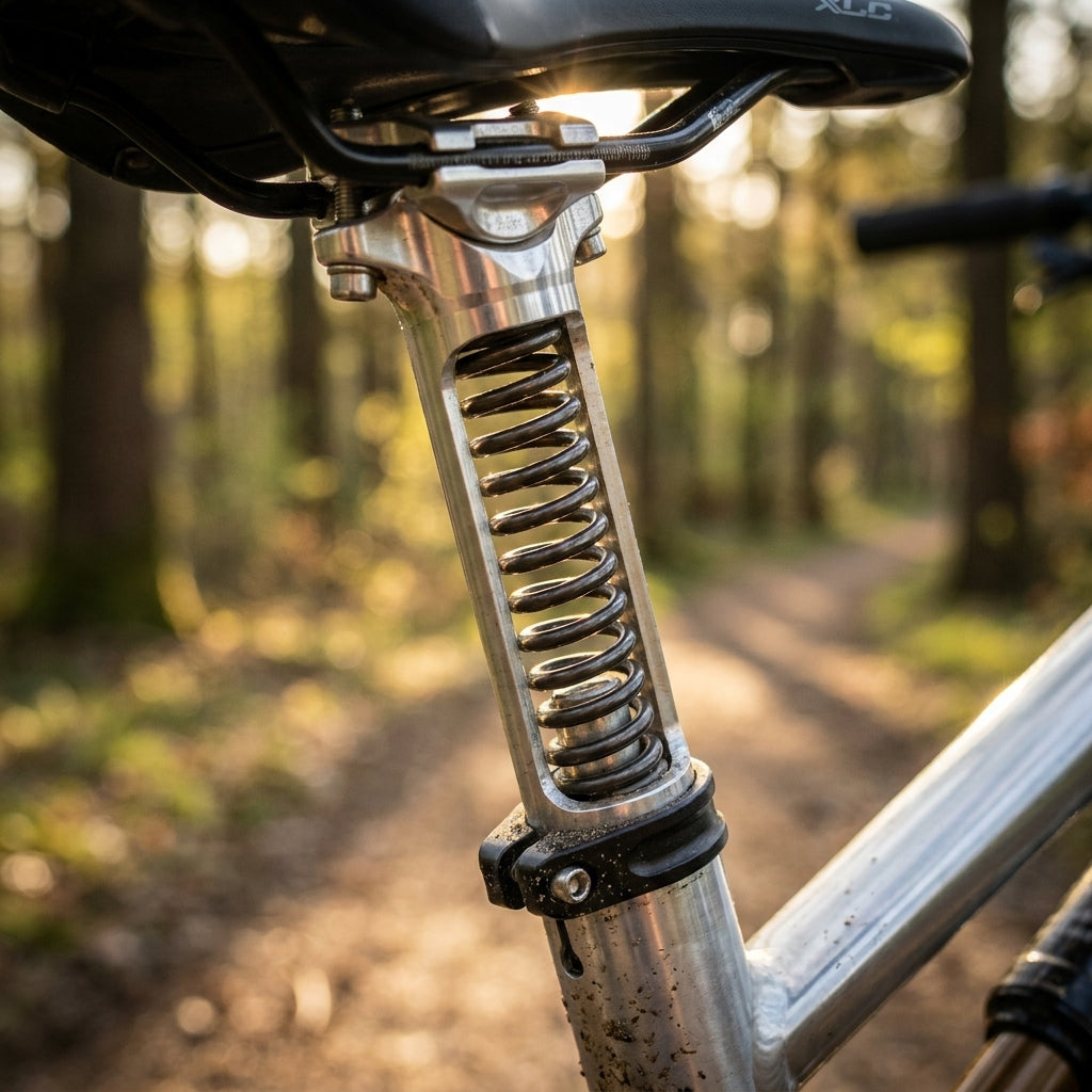 XLC Ersatzfedern medium (65-85kg) für SP-S05/08 in gefederter Mountainbike-Sattelstütze auf Waldweg.