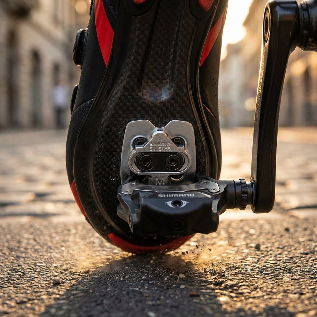 Shimano SM-SH56 SPD Schuhplatten mit Gegenplatte am Fahrradschuh für leichtes, sicheres Ein- und Ausklicken.