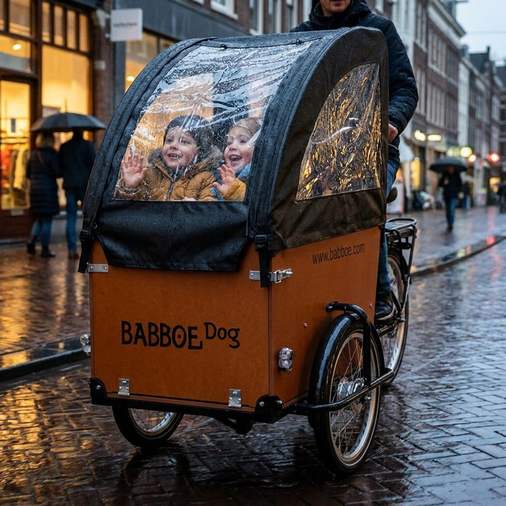 Schwarzes Babboe Regenverdeck für Dog PVC auf Lastenrad mit Kindern im Regen auf Kopfsteinpflaster.