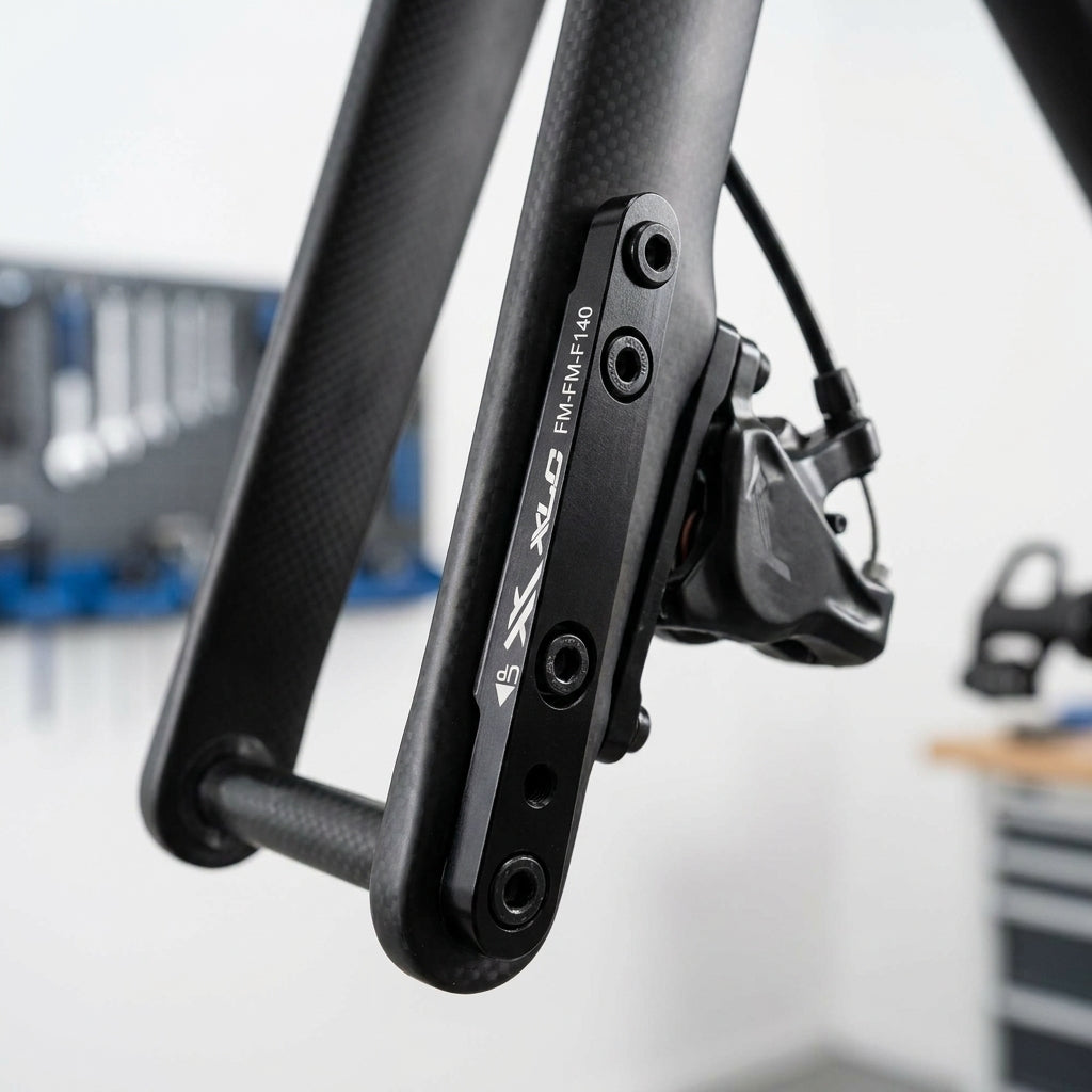 XLC Flatmountadapter FM-FM-F140 an Carbon-Fahrradgabel mit Flatmountbremse, 140mm.