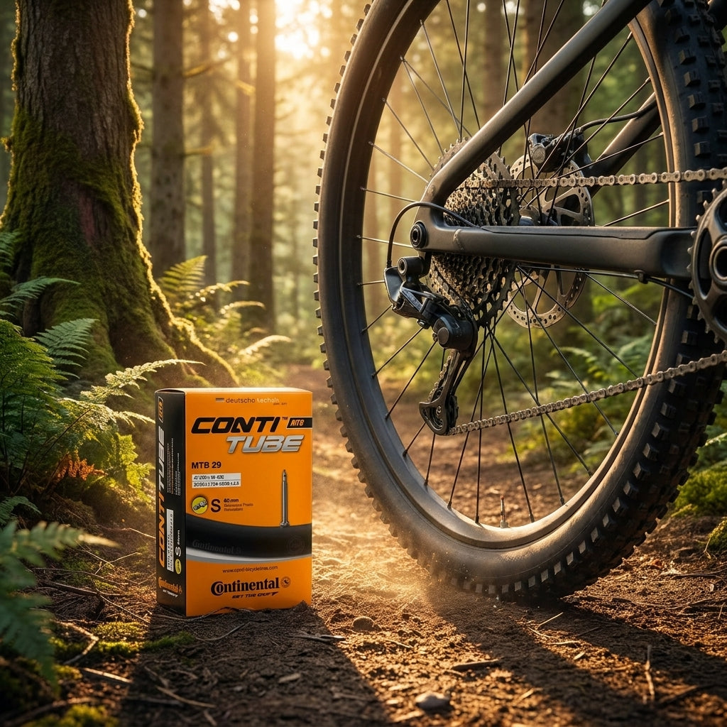 Continental Conti MTB 29 Fahrradschlauch mit 60mm Ventil auf Waldweg neben Mountainbike bei Sonnenuntergang.