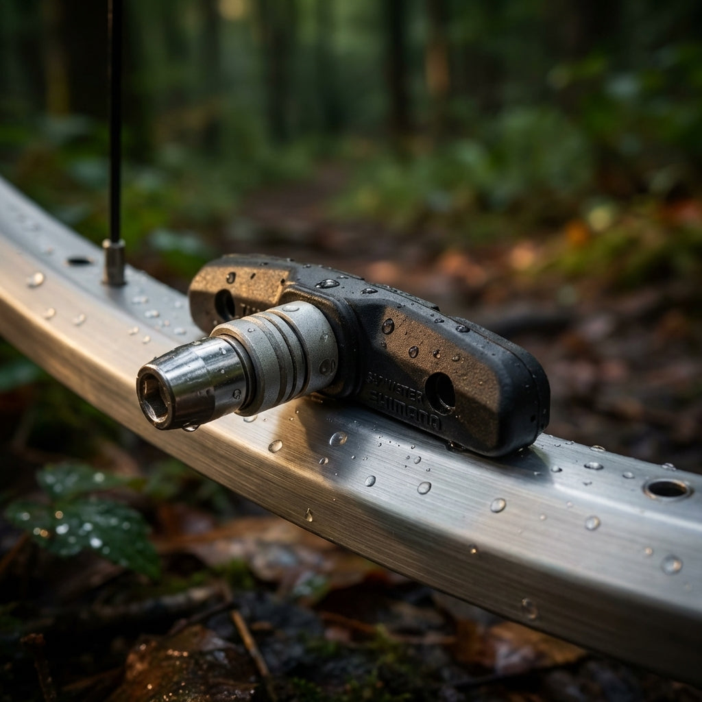 Shimano M70T4 MTB Bremsschuh Cartridge-Belag für Alufelgen auf einer silbernen Fahrradfelge in Nahaufnahme.