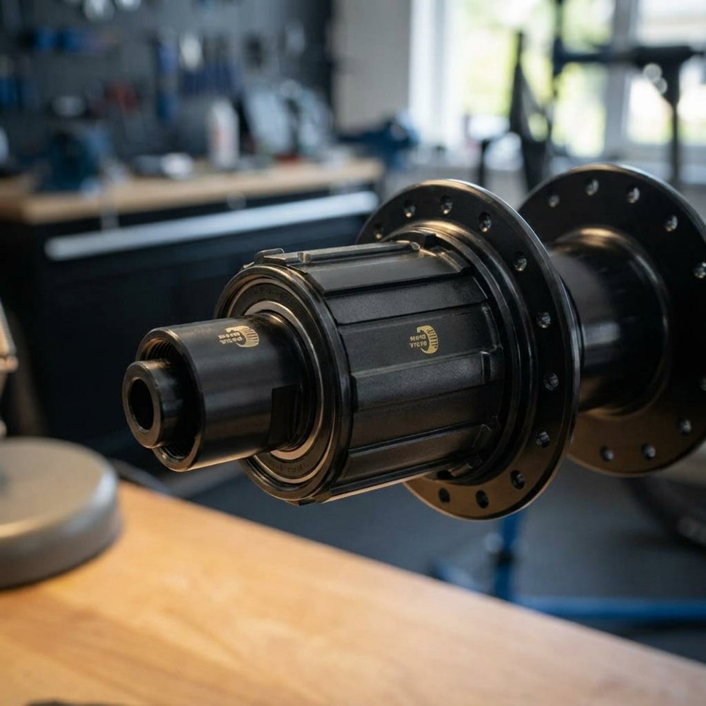SUNringle Freilauf/Rotor SRC/SRX Standardgröße schwarz, präziser Fahrradantrieb aus Stahl auf Werkbank.