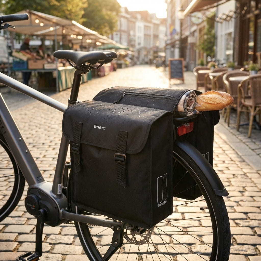 Schwarze Basil Doppelpacktasche Mara 26l am E-Bike, wasserabweisend, mit Baguette.