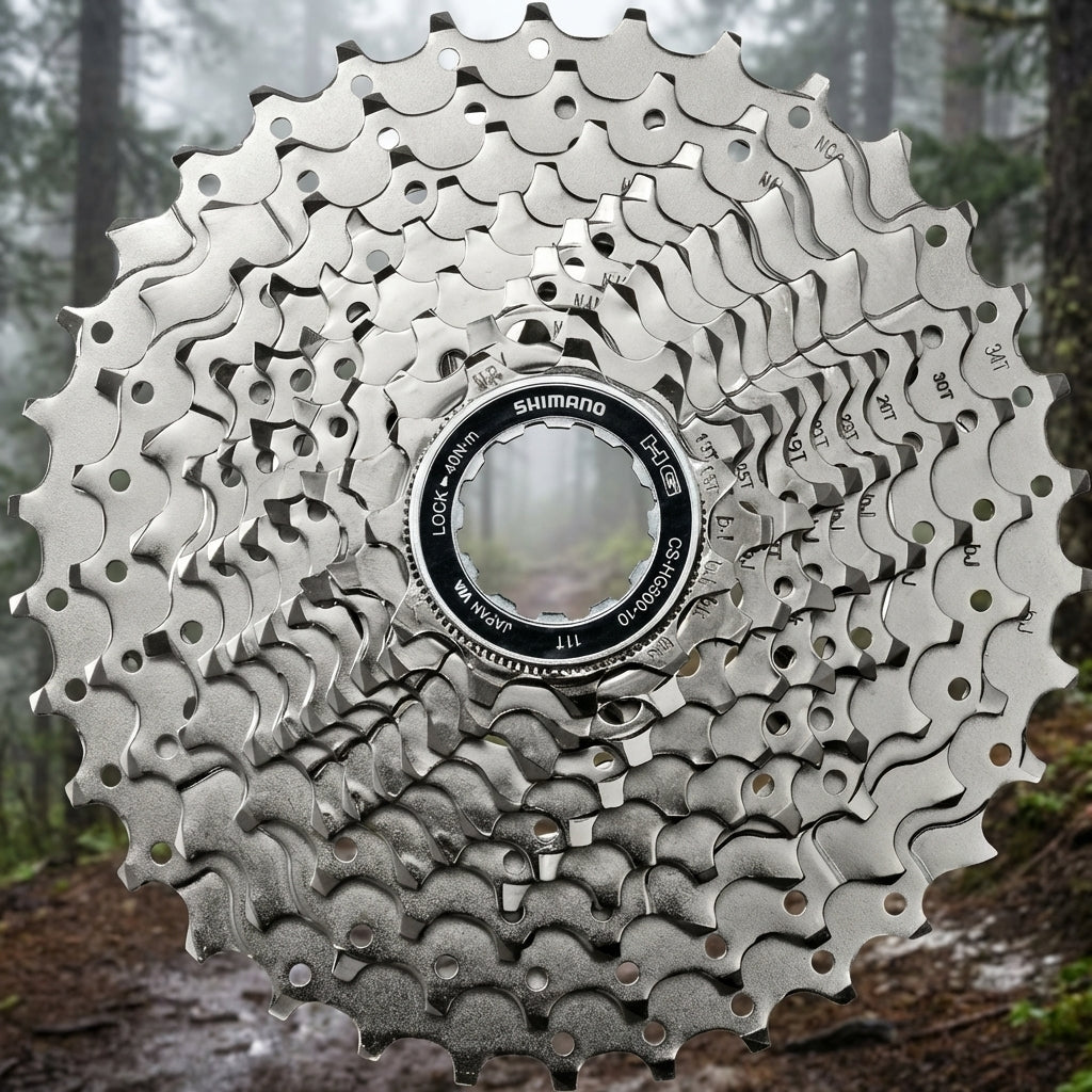Shimano CS-HG500 10-fach Kassette 11-34Z, silberner Zahnkranz für Fahrräder vor verschwommenem Waldhintergrund.