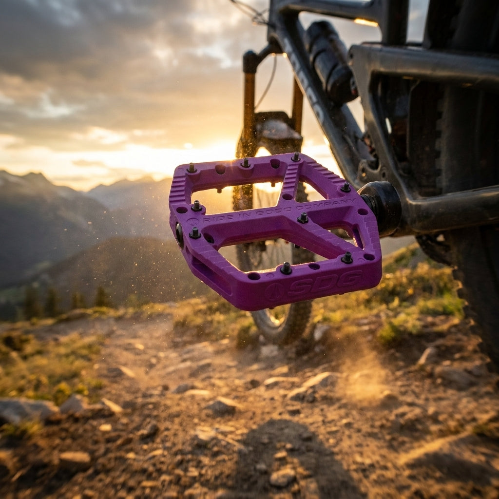 SDG Comp lila Plattform-Pedal am Mountainbike auf sonnigem Trail bei Sonnenuntergang in den Bergen.