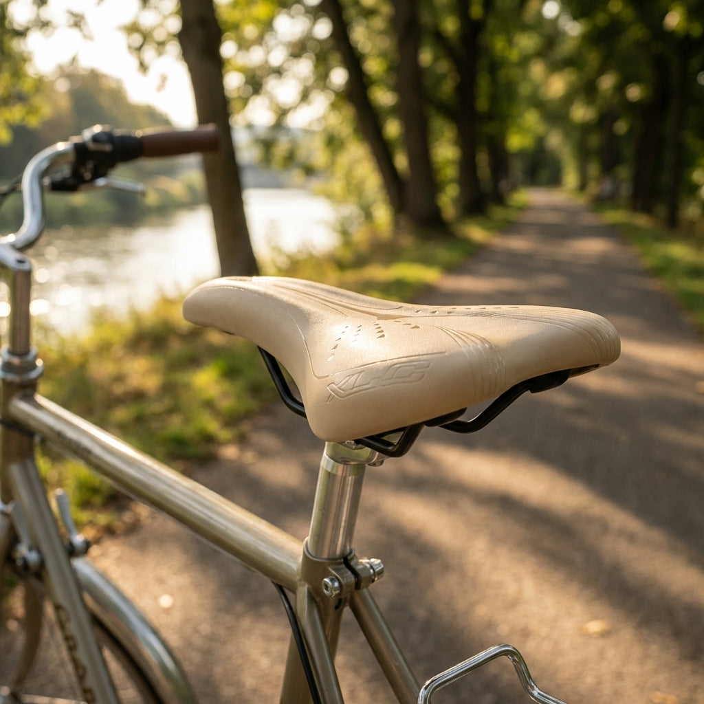 XLC Trekking-Sattel Everyday III cream Damen auf Fahrrad an sonnigem Weg am Fluss.