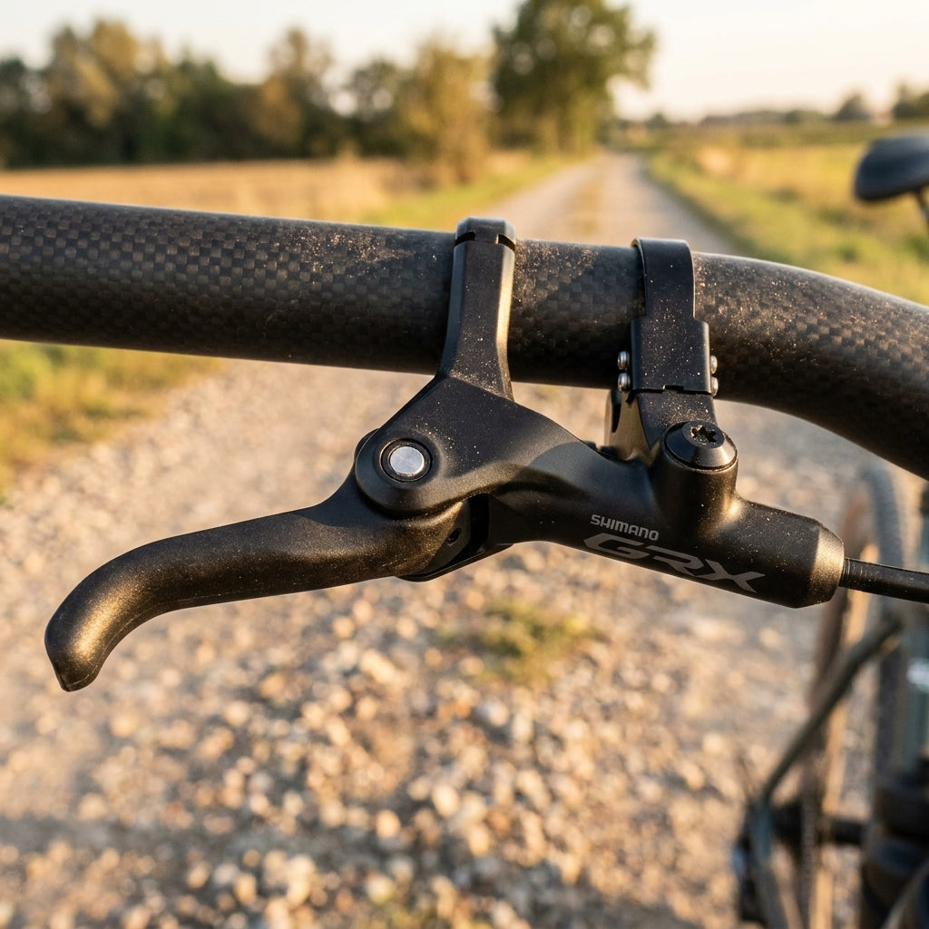 SHIMANO Bremshebel GRX BL-RX812 Links für Gravel und Rennrad am Lenker auf Schotterweg.