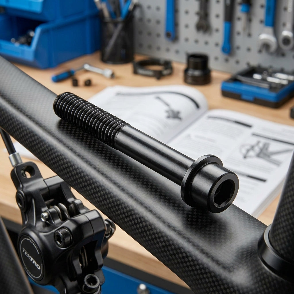 TEKTRO Bremssattelschraube Flatmount 37mm Schwarz auf Carbonrahmen für sichere Befestigung am Fahrrad.