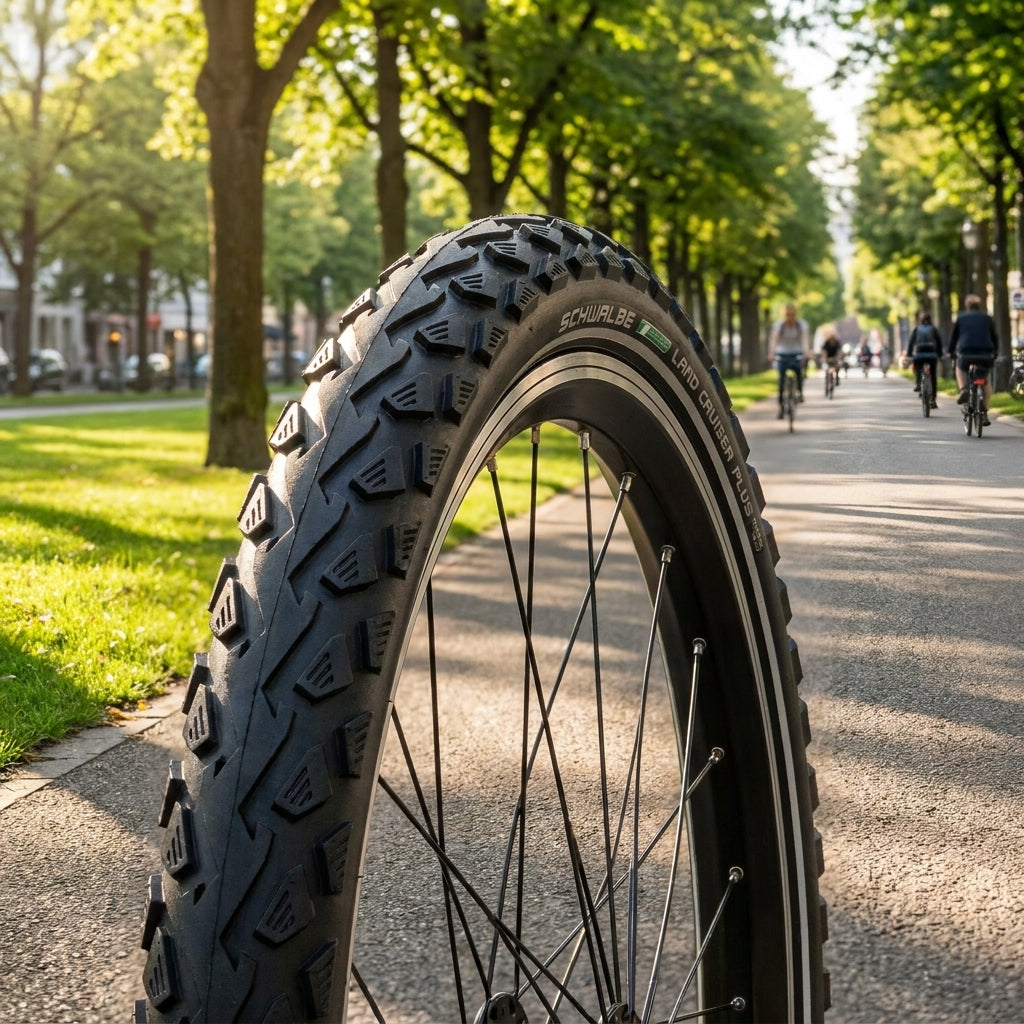 Schwalbe Land Cruiser Plus Reifen 24x2.00" schwarz Reflex E-25 HS450 Draht auf sonnigem Fahrradweg mit Radfahrern.