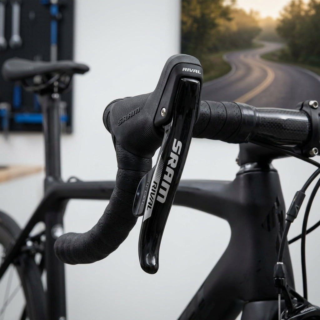 SRAM Rival 1 linker Bremshebel aus Aluminium am schwarzen Rennrad-Lenker.