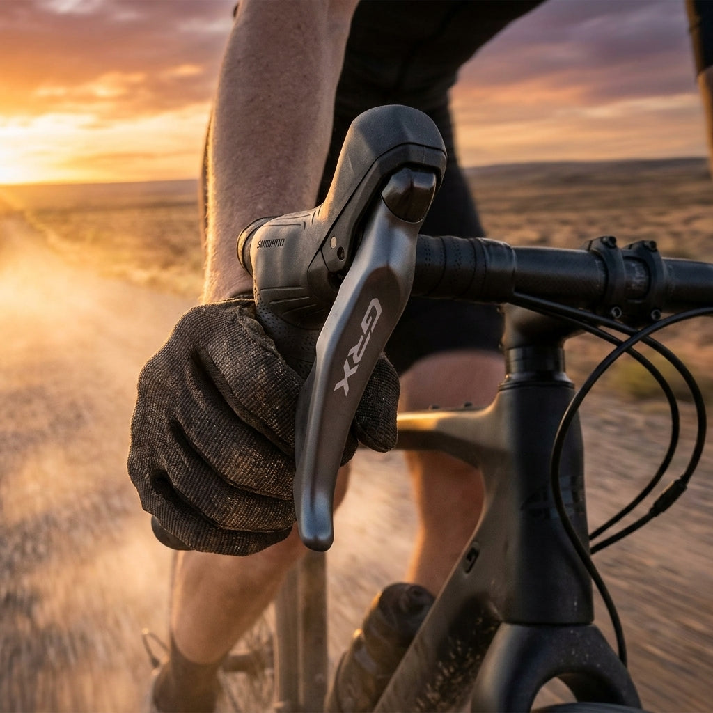 SHIMANO GRX ST-RX820 2-fach Schalt-/Bremshebel am Lenker eines Gravelbikes, vom Fahrer bei Sonnenuntergang bedient.