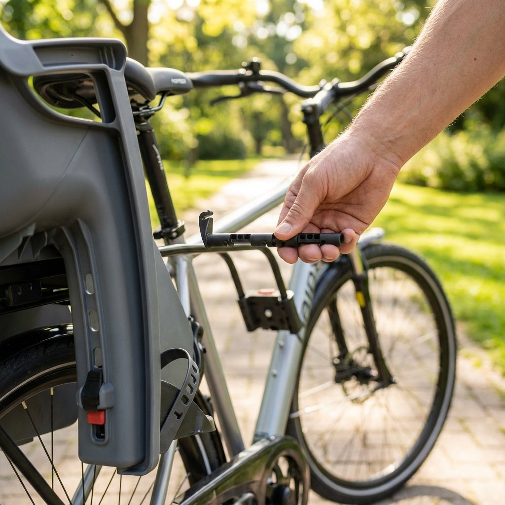 Hand hält eine Hamax Zentrierachse Ersatzteil für Fahrrad-Kindersitze vor ein Fahrrad mit montiertem Sitz.