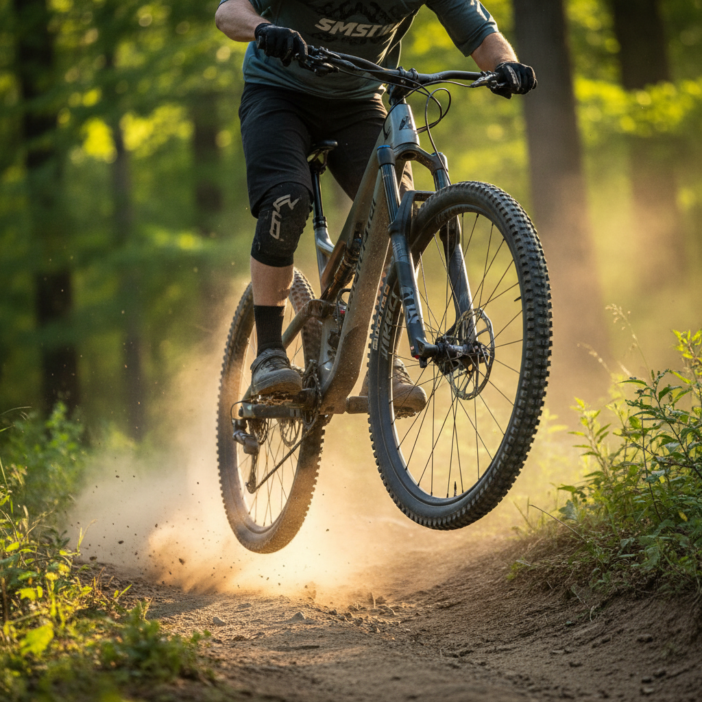 Crankbrothers Synthesis Carbon Laufradsatz 29 Zoll Tubeless Ready am Mountainbike beim Sprung auf staubigem Trail.