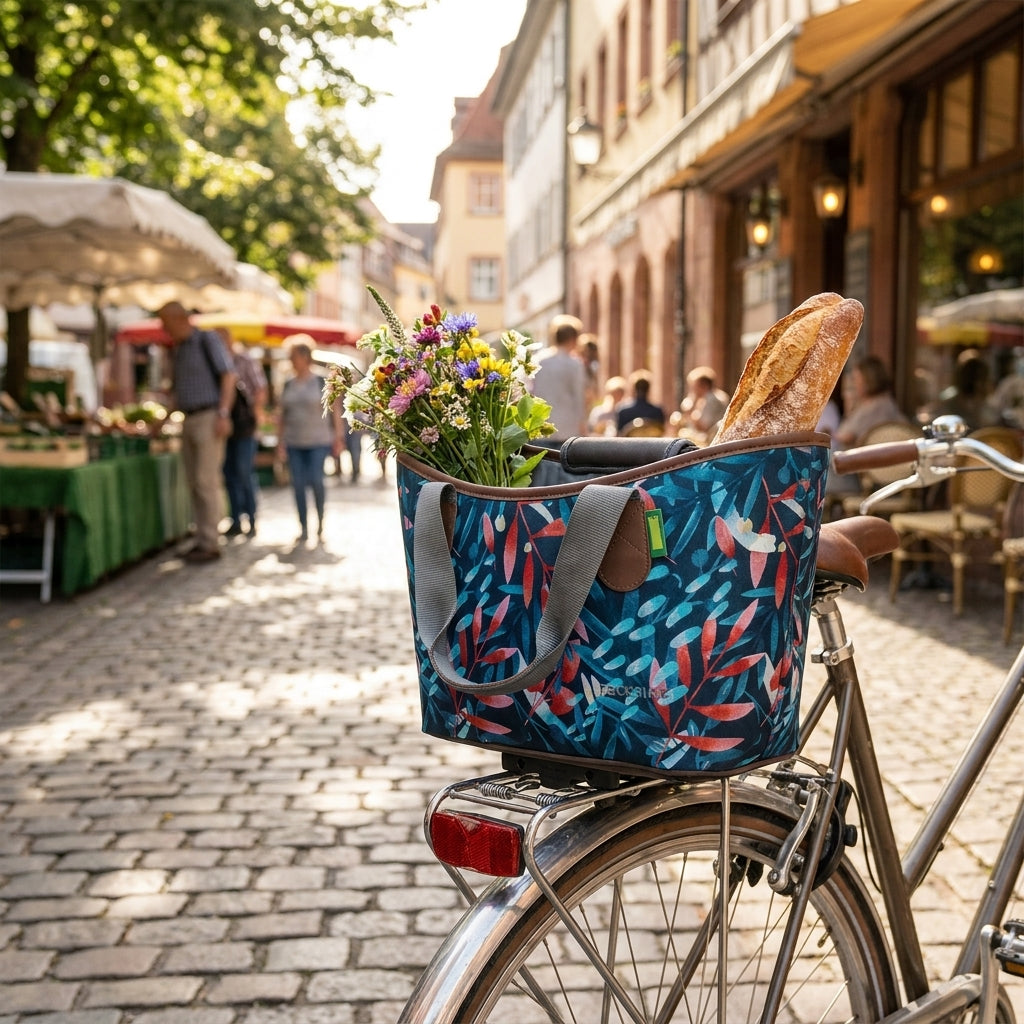Racktime Agnetha midnight flowers Einkaufskorb am Fahrrad im Markt, gefüllt mit Blumen & Baguette.