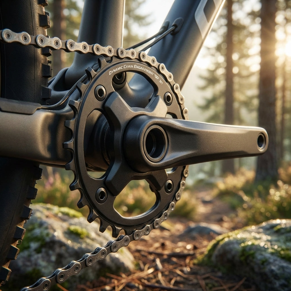 Nahaufnahme SHIMANO Kettenblatt CUES FC-U6000-1 30Z an einem Mountainbike-Antrieb im sonnigen Waldgelände.