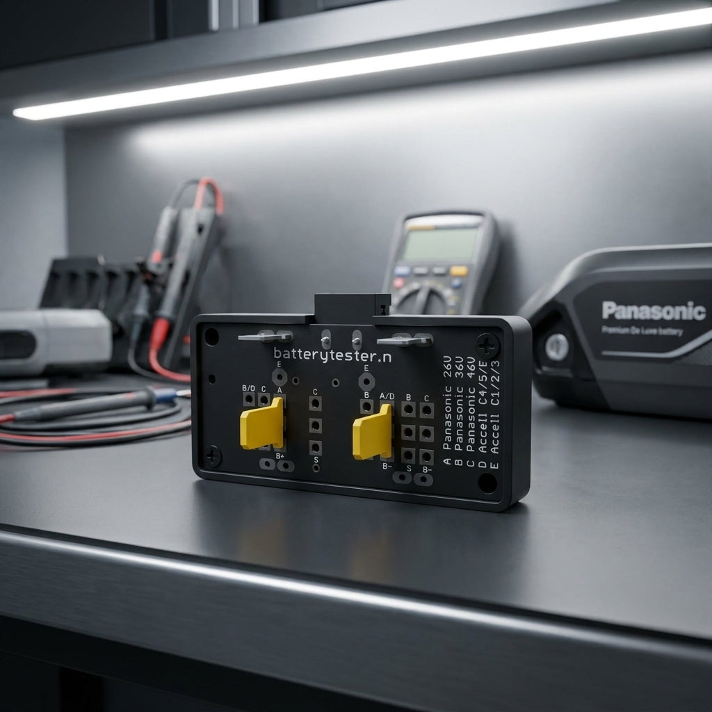 Panasonic Premium De Luxe Smart Adapter für 26V/36V E-Bike Akkus. Präzise Diagnose mit Batterietester. Profi-Werkzeug.
