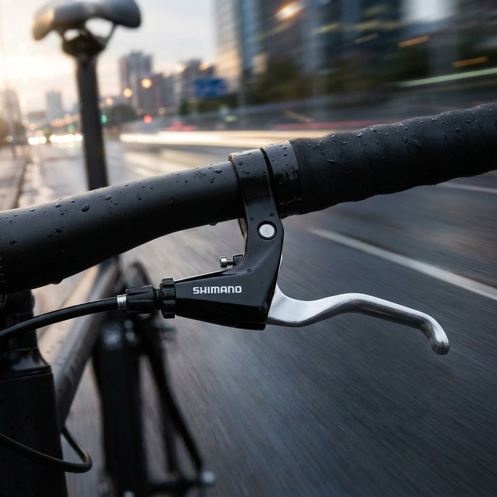 SHIMANO BL-R780 rechter Bremshebel für flache Fitnessrad-Lenker, nass auf schneller Fahrt in der Stadt.