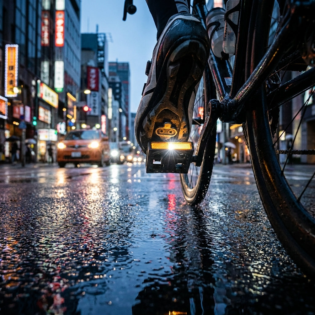 SHIMANO SM-PD22 Reflektor am Fahrradpedal eines Radfahrers auf nasser Stadtstraße, erhöht die Sichtbarkeit.