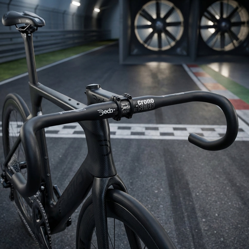 Deda Lenker TT Crononero 400 mm schwarz-matt am Carbon-Rennrad auf Rennstrecke.