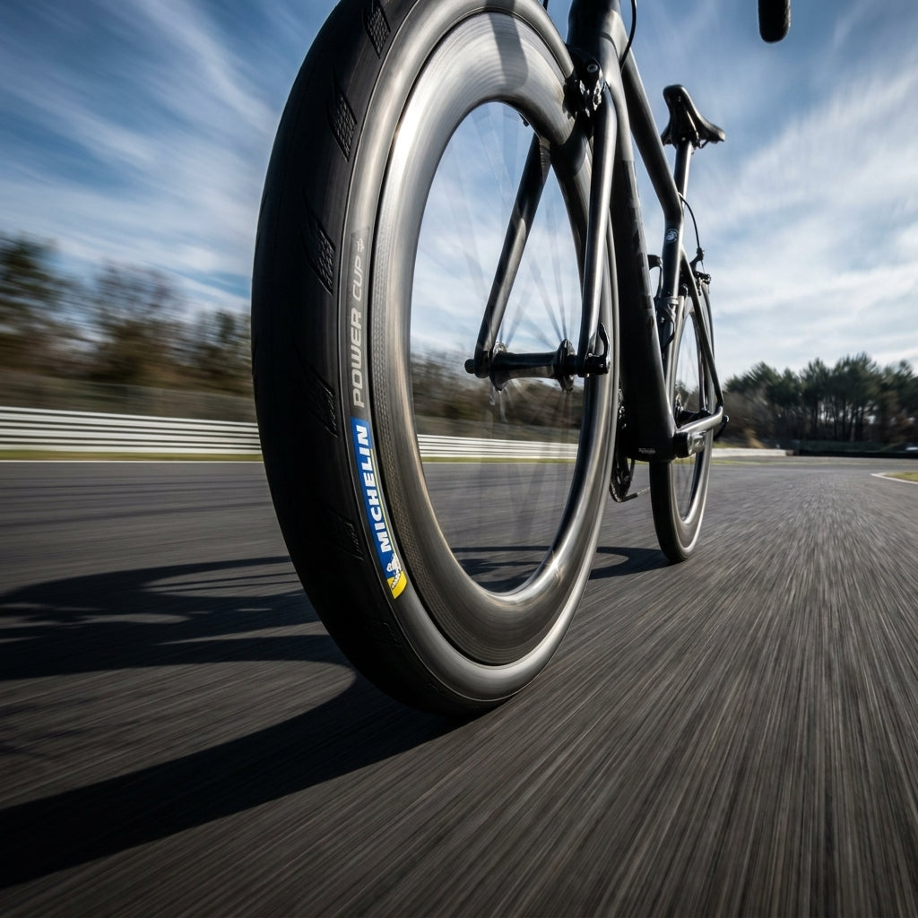 Michelin Power Cup Rennradreifen 28-622 schwarz am Fahrrad auf der Rennstrecke.