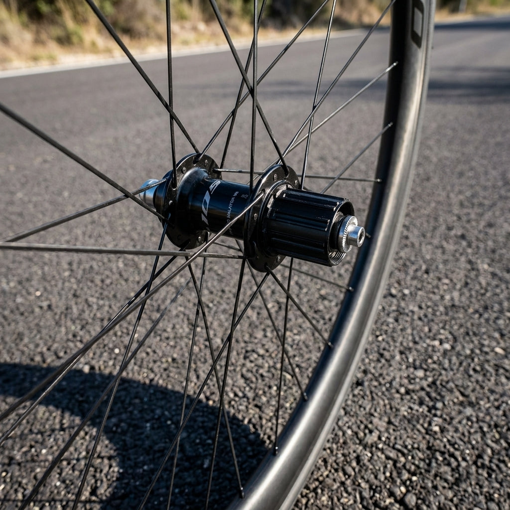 Schwarze SHIMANO 105 FH-R7000 Hinterradnabe 32 Loch mit Schnellspanner am Fahrrad auf Asphalt.