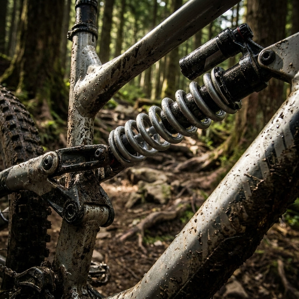Graue Rockshox Feder 450LB für Vivid/Kage HR Dämpfer an schlammigem Mountainbike im Wald.