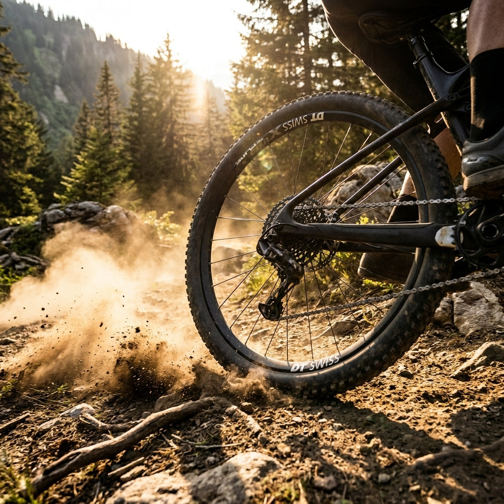 DT Swiss X1900 SPLINE 29" robustes MTB-Hinterrad in Aktion auf staubigem Trail.