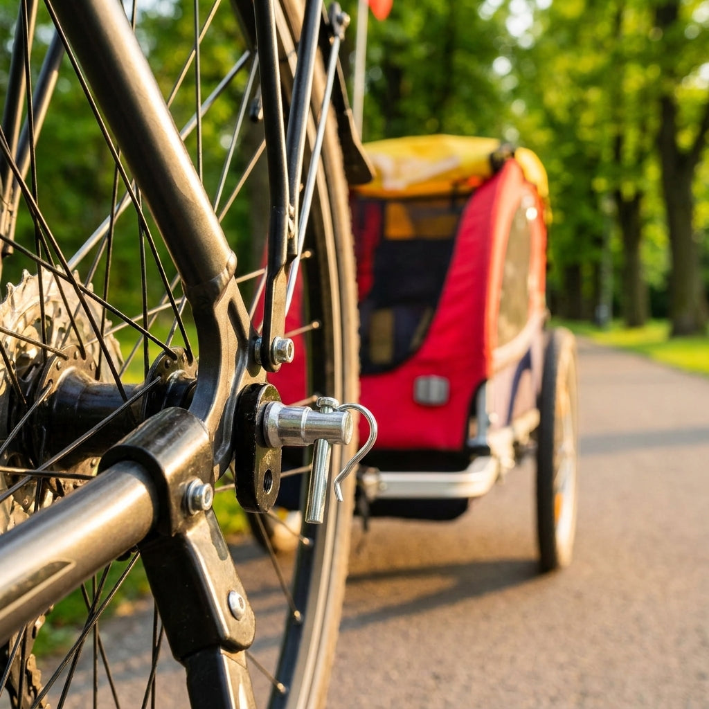 M-WAVE Schnellverschluss Zweit- und Universalkupplung am Fahrrad-Hinterrad mit befestigtem Kinderanhänger.