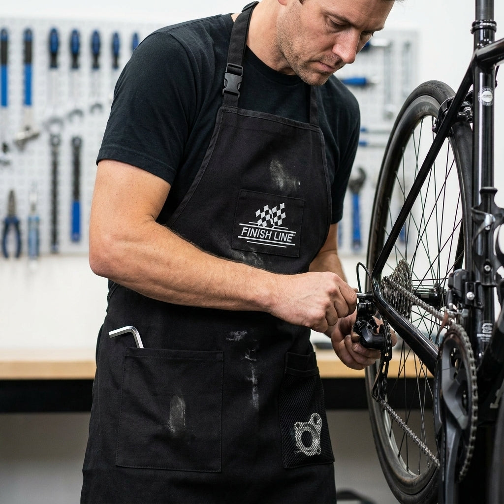 Finish Line Werkstattschürze schwarz, robust, verstellbar, mit Taschen, für Fahrradwerkstatt & Profis.