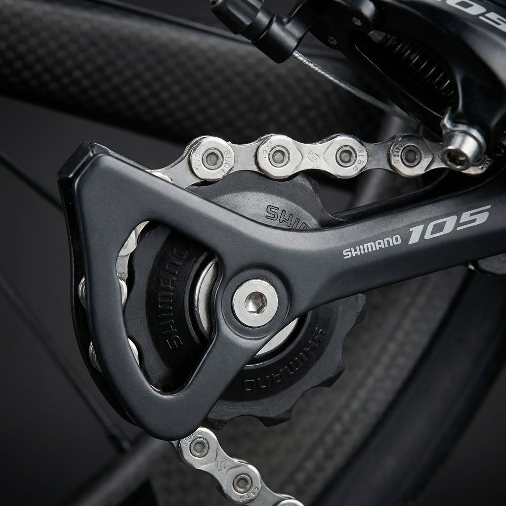 SHIMANO Schaltrollensatz 105 5800 für präzise Schaltperformance. Nahaufnahme des Fahrradteils mit Kette.
