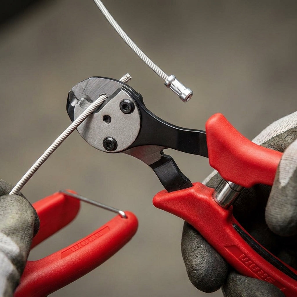 SRAM Kabelzange mit Crimpfunktion schneidet Fahrrad-Bowdenzug. Präzisionszange für Brems- und Schaltzüge.