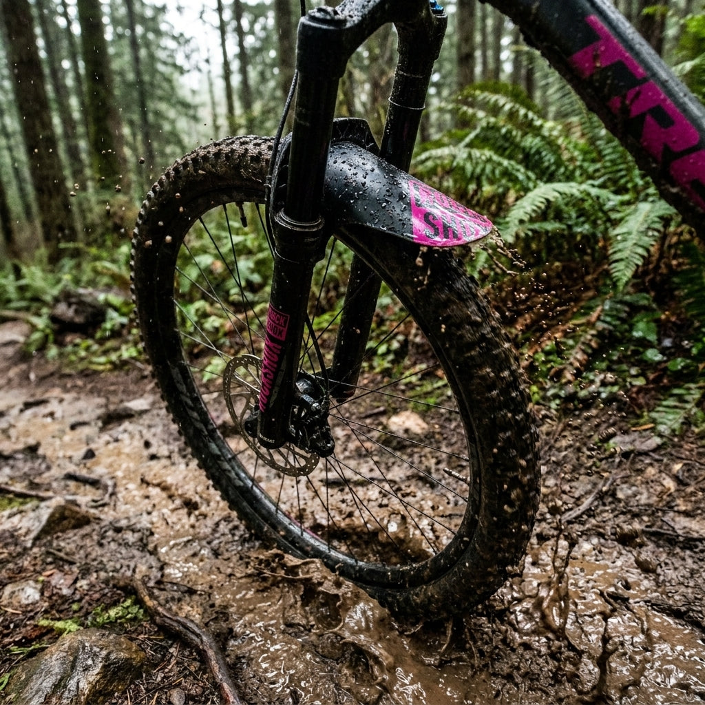 Rockshox VR Steckblech Fender schwarz magenta am Mountainbike spritzt Schlamm auf Waldweg.
