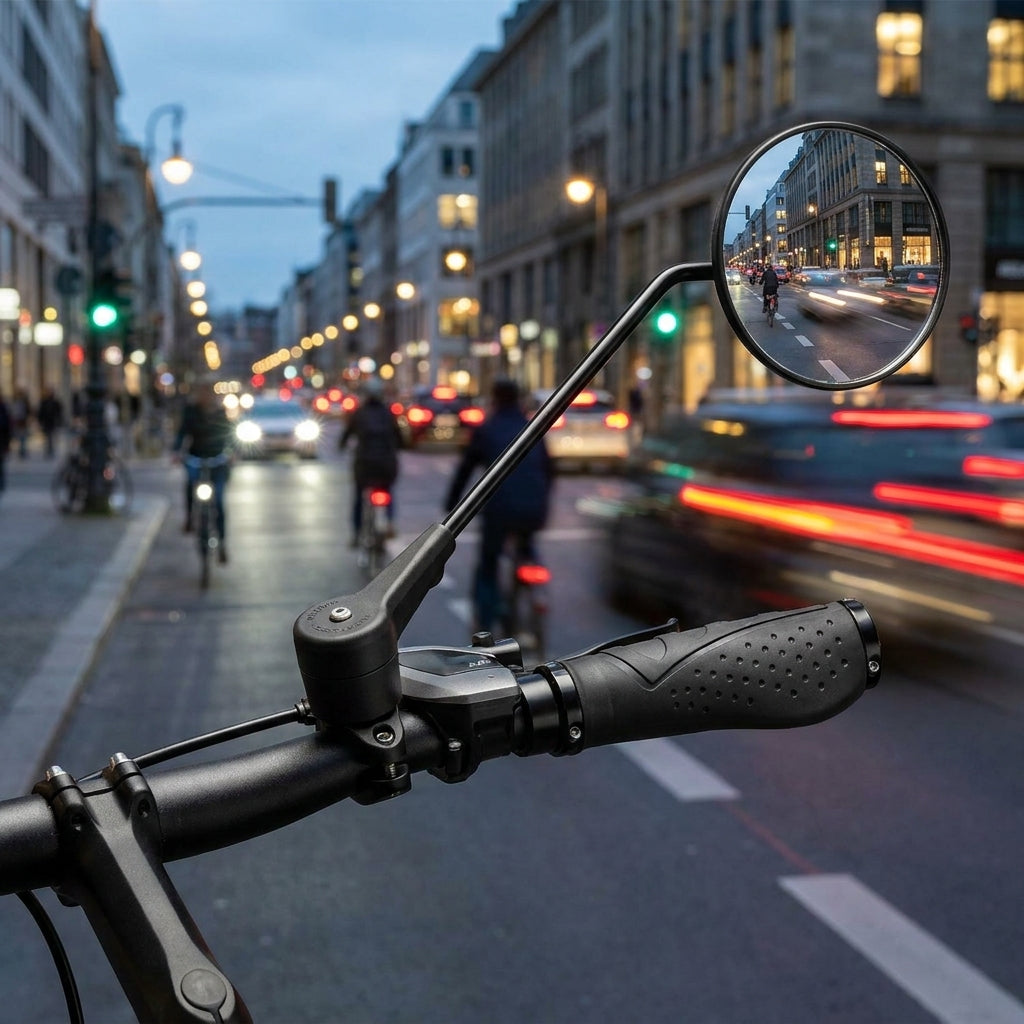 Krampe Fahrradspiegel KF1 schwarz mit Außenklemmung am Lenker, reflektiert belebte Stadtstraße bei Dämmerung.
