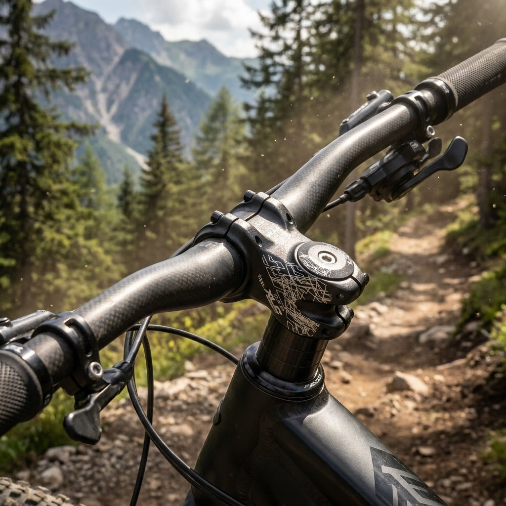 XLC All MTN Ahead Vorbau ST-M25 schwarz am Fahrrad-Lenker auf einem Bergpfad, 31,8mm.